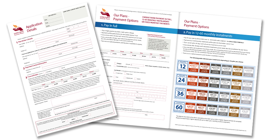 More brochures on application details spread over a table funeral plans uk