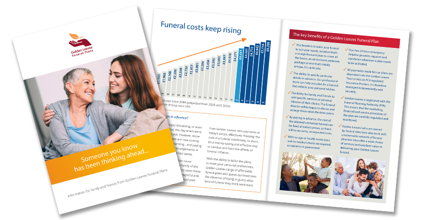 Brochures spread across a table funeral plans uk